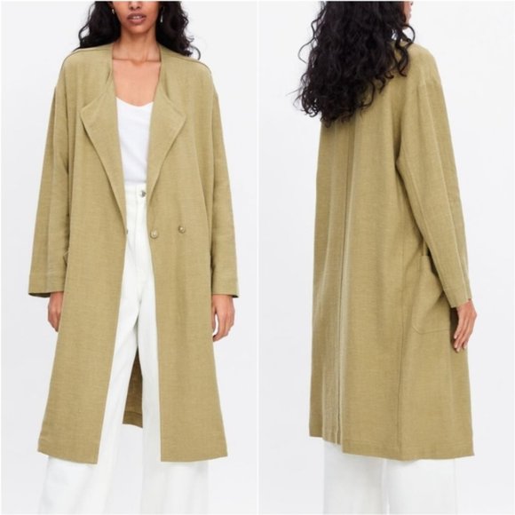 SOLD Zara Beige Tan Linen Coat Jacket Size S Relaxed Pockets Long Sleeve Casual - Picture 5 of 12